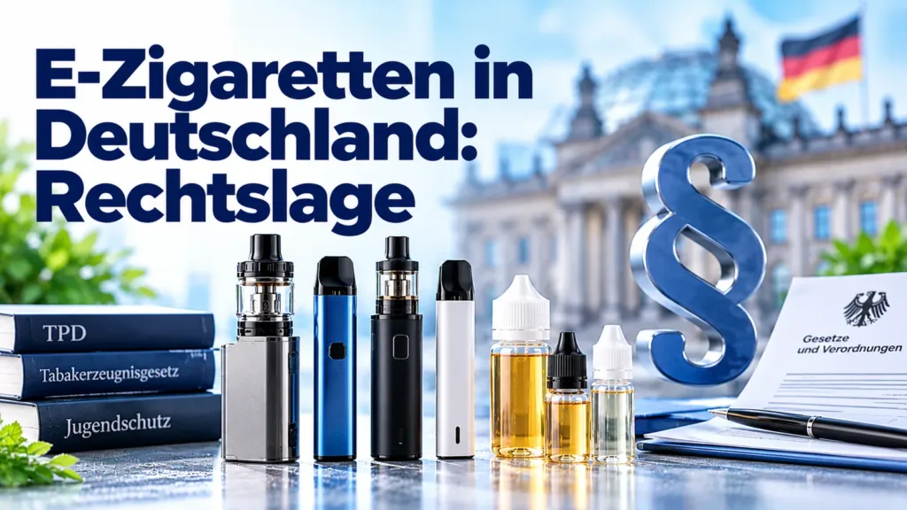 Gesetzbücher zu TPD, Tabakerzeugnisgesetz und Jugendschutz neben E-Zigaretten und Paragrafenzeichen