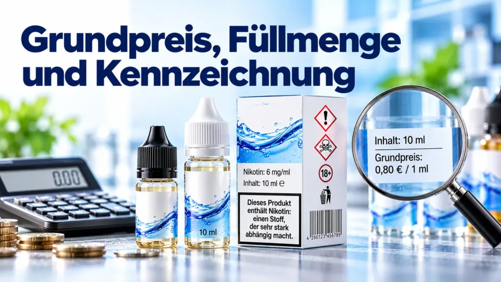Liquid-Verpackung mit Warnhinweis, Lupe auf Füllmenge und Grundpreis, daneben ein Taschenrechner
