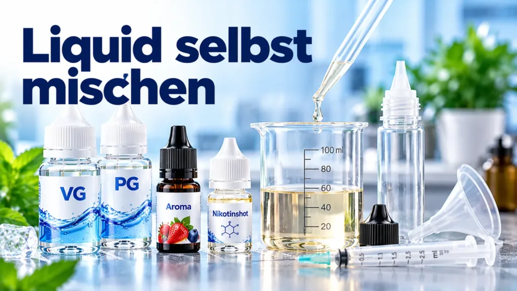 Zubehör zum Liquidmischen: Basen PG und VG, Aroma, Nikotinshot, Messbecher und Spritze
