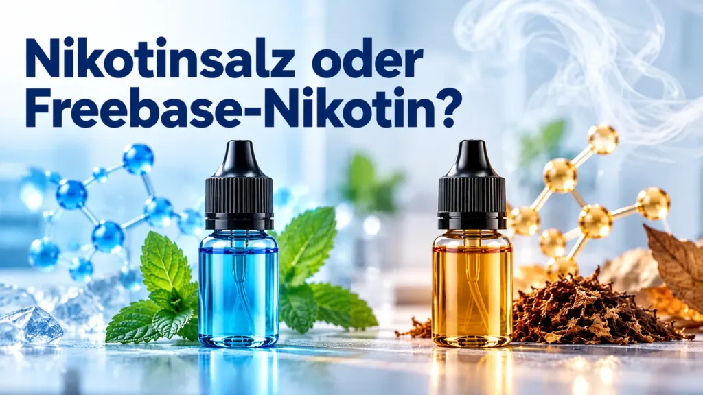 Zwei Liquidflaschen mit Molekülmodellen: Nikotinsalz und Freebase-Nikotin im Vergleich