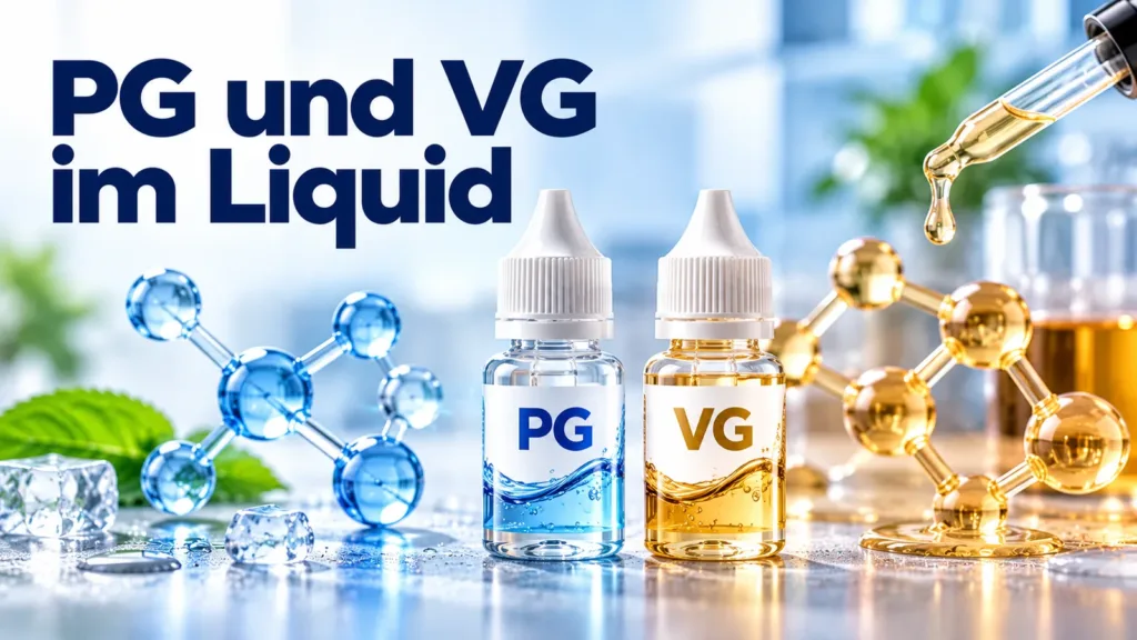 Flaschen mit PG und VG neben Molekülmodellen