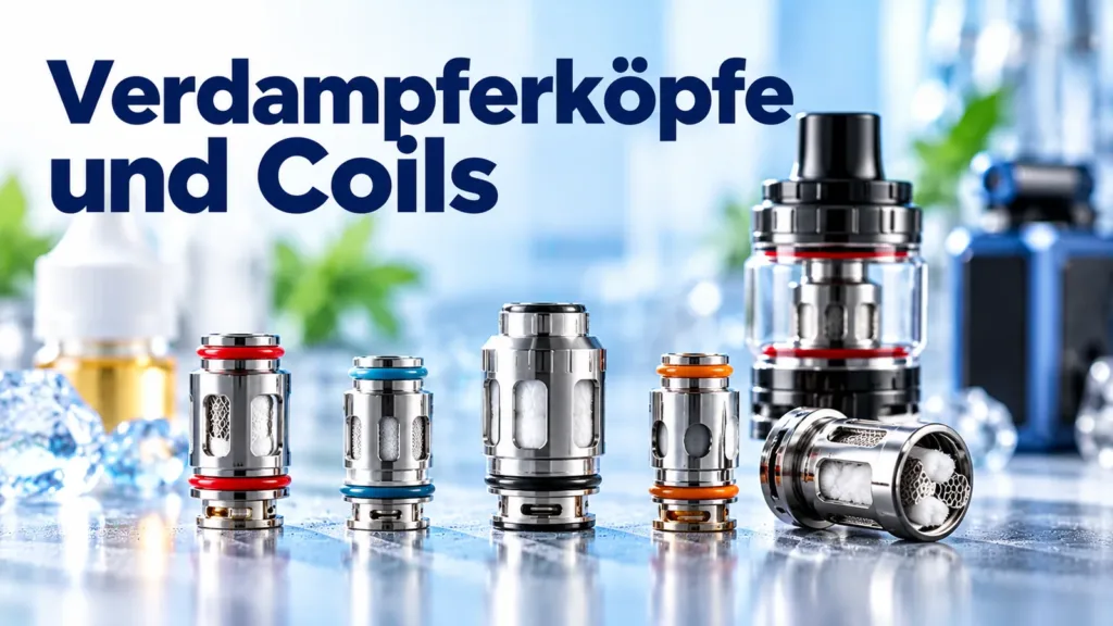 Verschiedene Verdampferköpfe und Coils vor einem Verdampfer