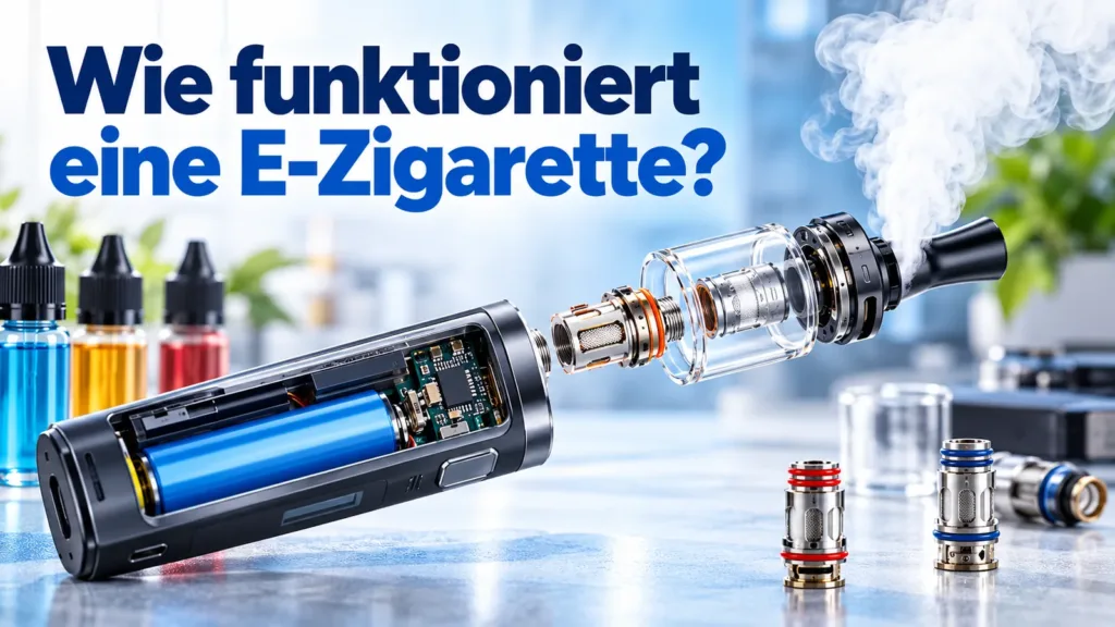 Geöffnete E-Zigarette mit sichtbarem Akku, Verdampfer und Verdampferköpfen